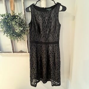 Lauren Ralph‎ Lauren Black Metallic Lace Classy Dress Size 4 pockets